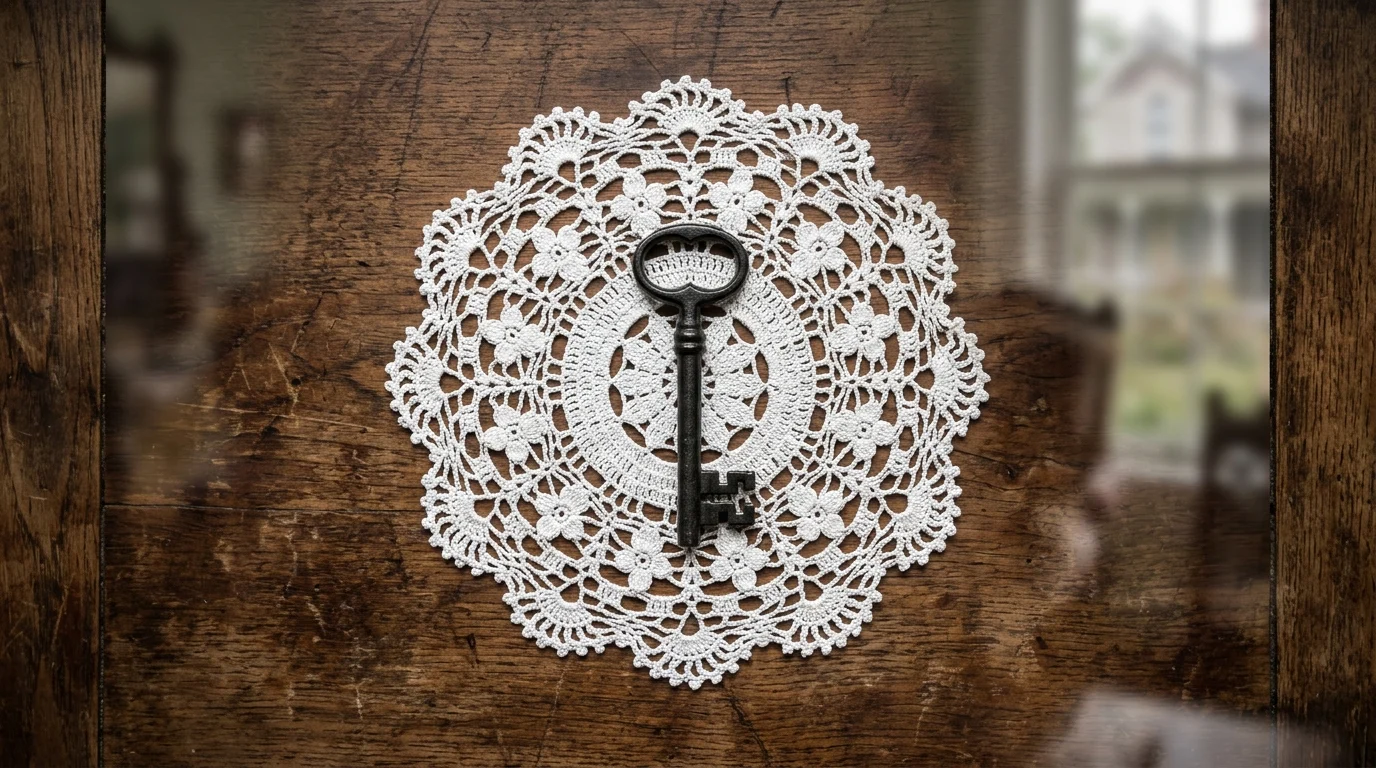 A Victorian-style conceptual still life with a heavy iron key.