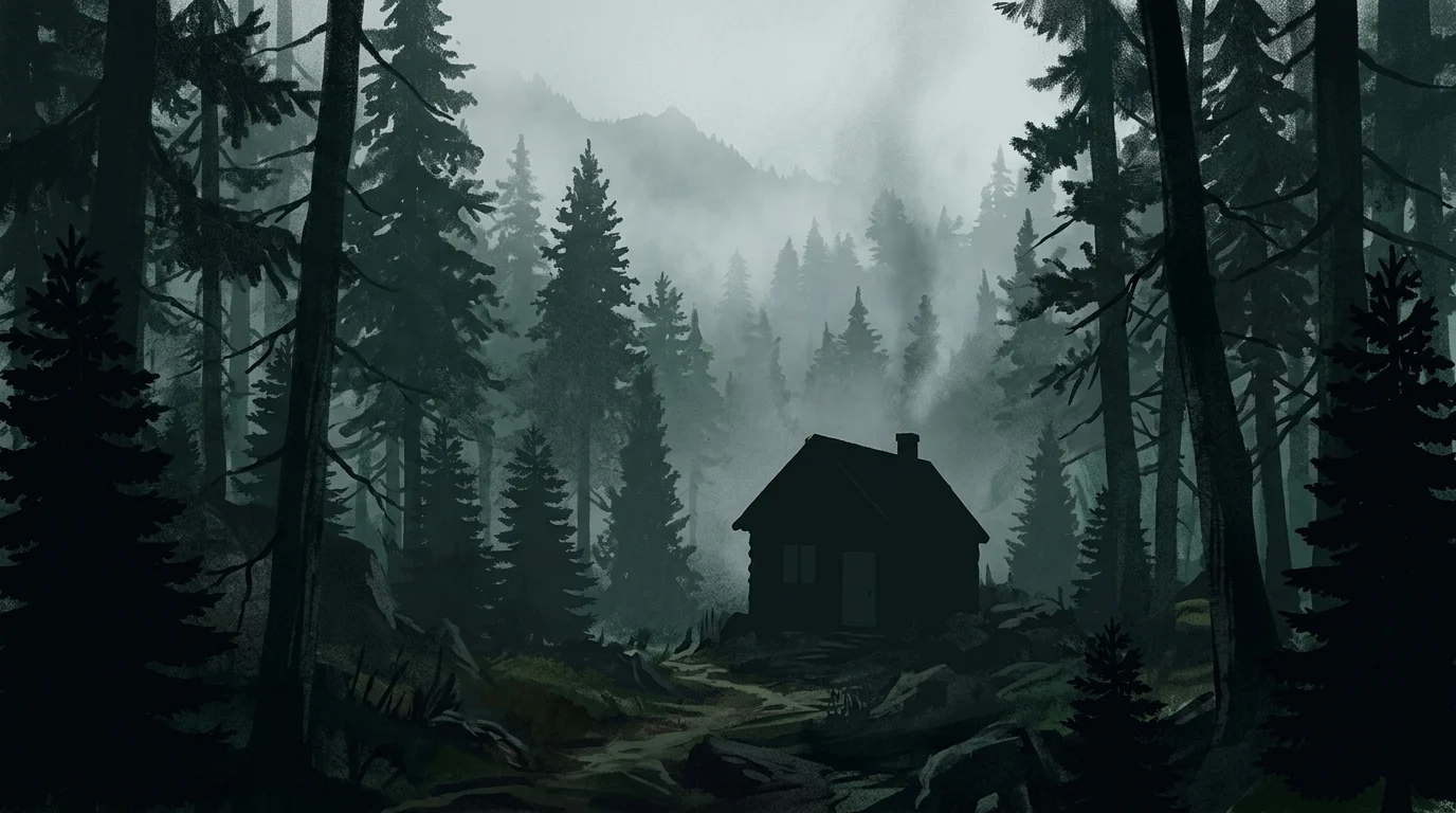 A remote cabin silhouette in a dense pine forest.