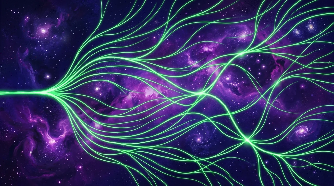 An abstract depiction of glowing green branching timelines in space.