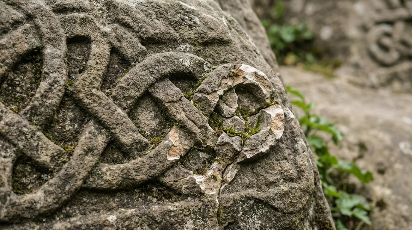 A weathered Celtic knot engraving on stone.