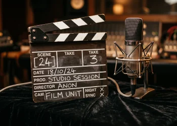 A cinematic microphone and film clapperboard representing a professional collaboration between a musician and an anonymous silhouettes.
