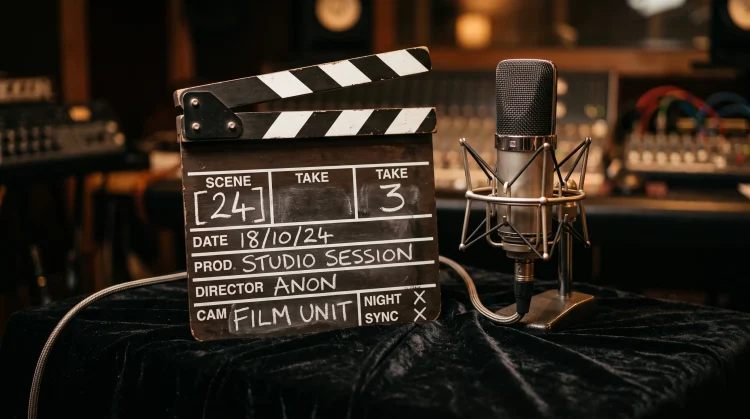 A cinematic microphone and film clapperboard representing a professional collaboration between a musician and an anonymous silhouettes.