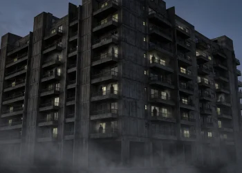 A dark, atmospheric view of a large apartment building at night with ghostly silhouettes.