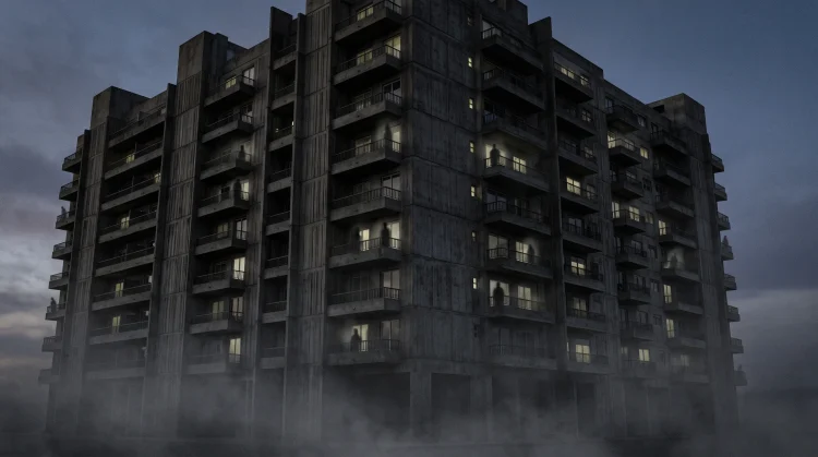 A dark, atmospheric view of a large apartment building at night with ghostly silhouettes.
