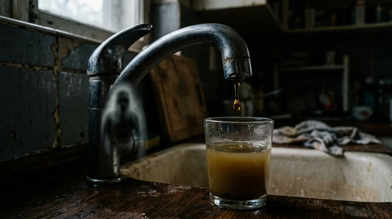 A close up of a faucet with a ghostly reflection in the metal.