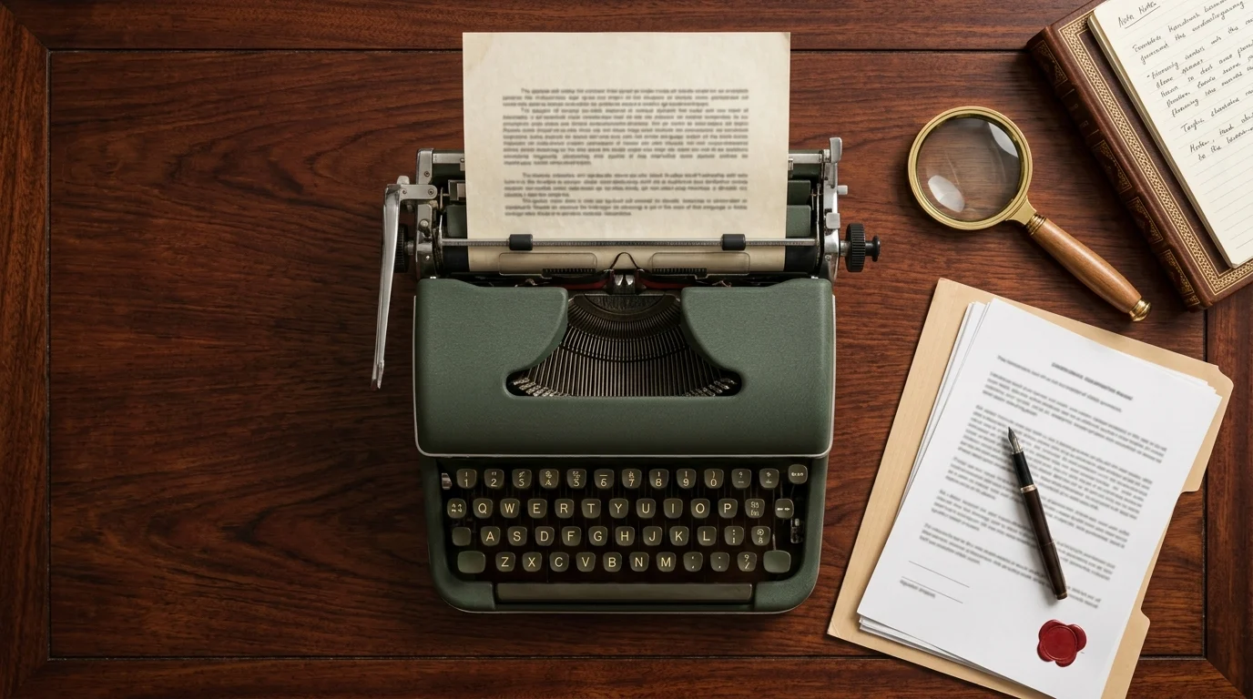 A typewriter and sports contract on a desk with a magnifying glass.