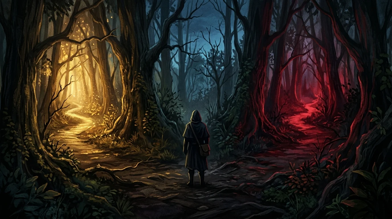 A conceptual image showing a divergent path in a gothic environment.