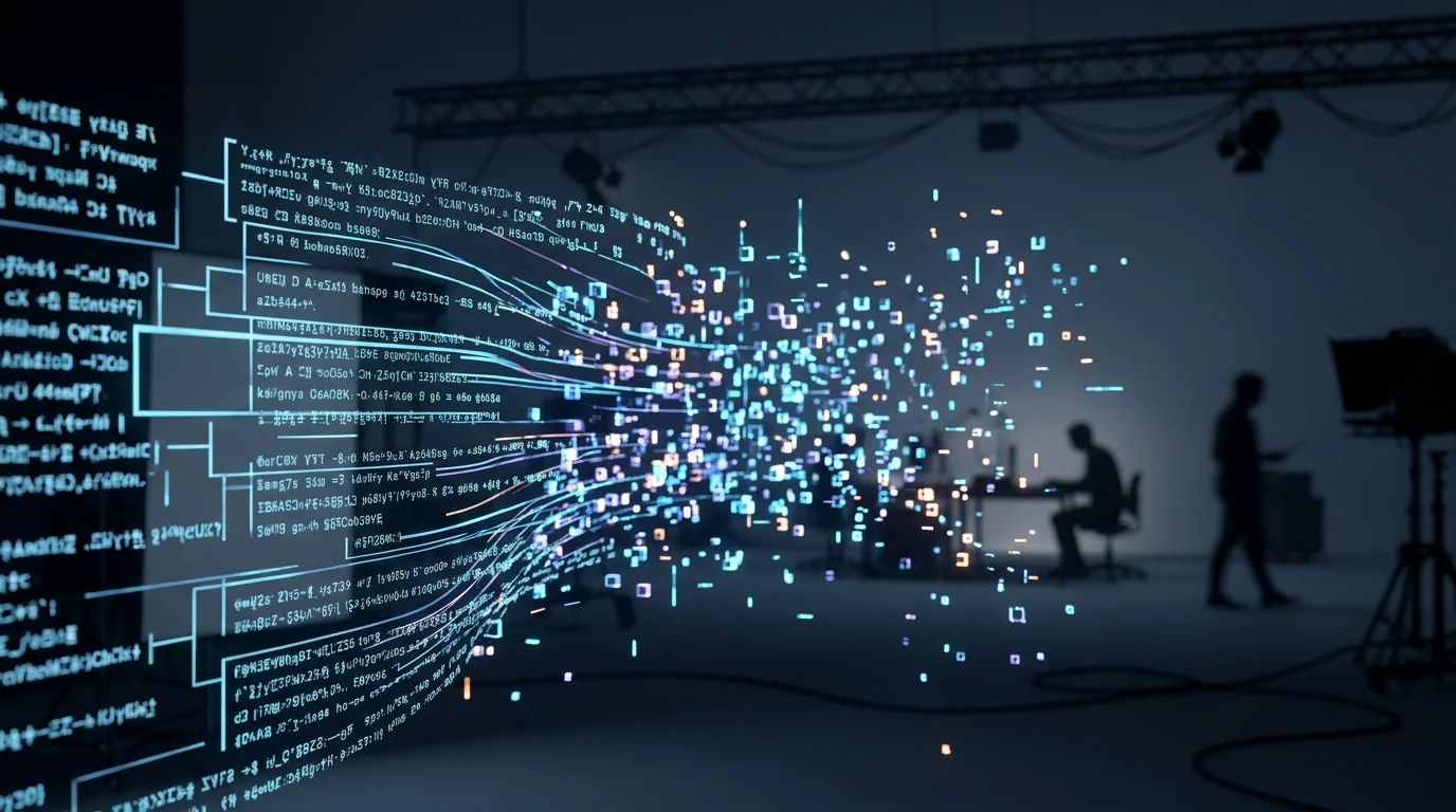 Abstract visualization of a story script turning into digital pixels.