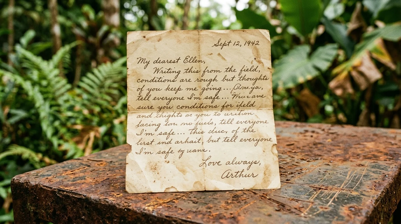 A weathered letter on rusted metal representing a wartime historical setting.