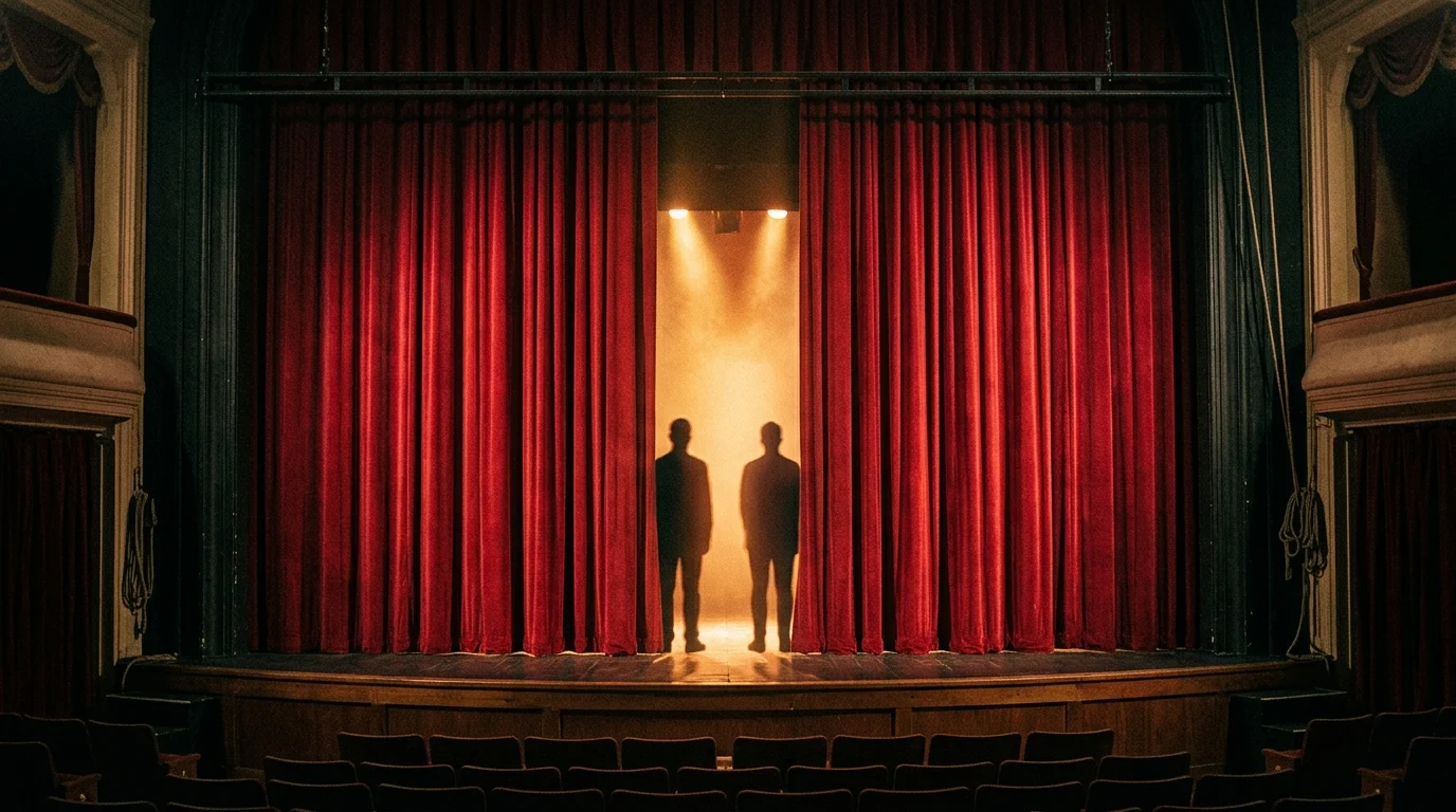 Silhouettes behind a theater curtain.