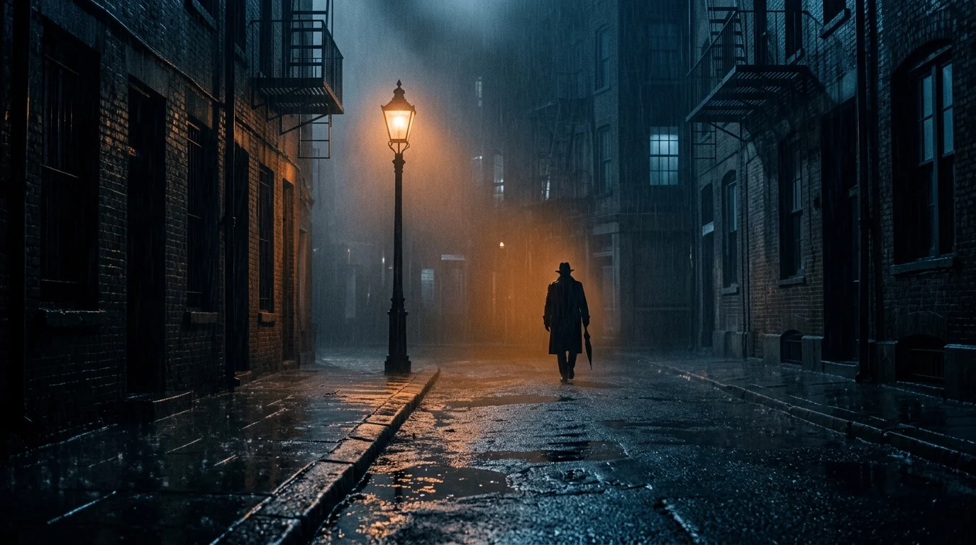 A silhouette of a detective on a foggy, neon-lit city street.