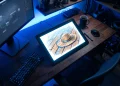 Conceptual digital animation workspace with an abstract nautical theme on a tablet screen.