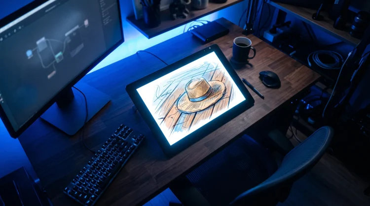 Conceptual digital animation workspace with an abstract nautical theme on a tablet screen.