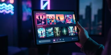 A digital tablet showing a streaming service interface with various icons representing young adult television shows.