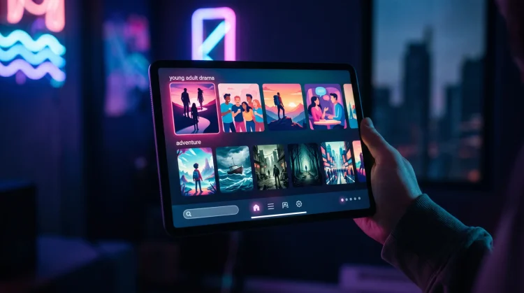 A digital tablet showing a streaming service interface with various icons representing young adult television shows.