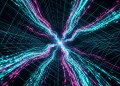 A conceptual digital landscape representing a futuristic cyberspace network.