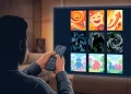 Conceptual illustration of a streaming movie interface on a television screen.