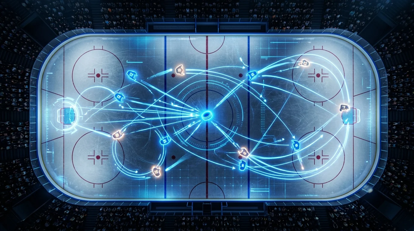 Conceptual digital representation of a hockey rink with light trails.
