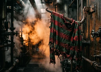 Conceptual image of tattered red and green fabric in a dark industrial setting.