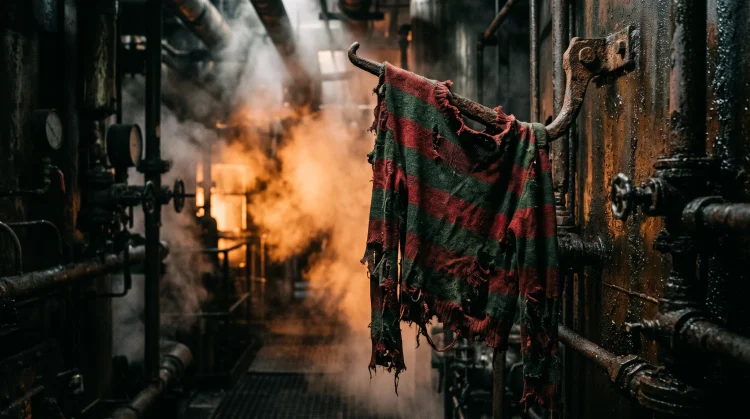 Conceptual image of tattered red and green fabric in a dark industrial setting.