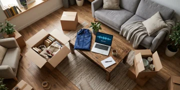 Conceptual image of moving boxes and religious items in a modern living room
