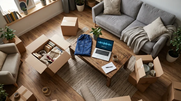 Conceptual image of moving boxes and religious items in a modern living room