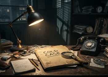 A noir-style desk with a cold case folder and a magnifying glass.