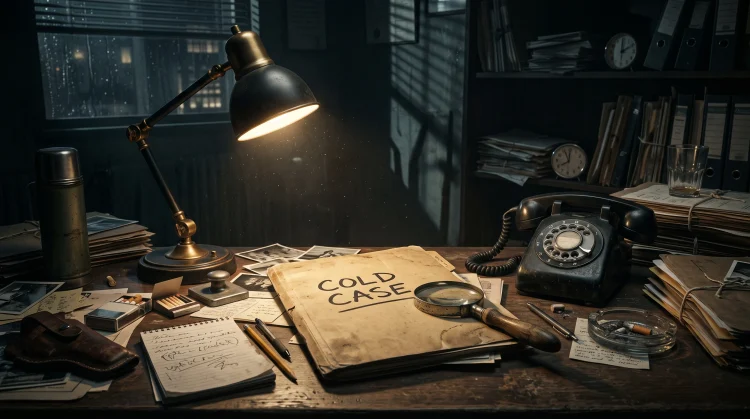 A noir-style desk with a cold case folder and a magnifying glass.