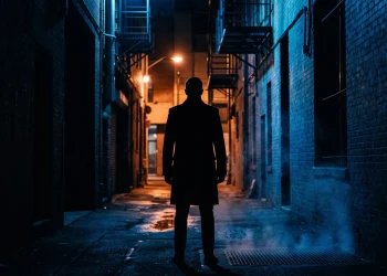 A conceptual silhouette of a man in a trench coat in a dark city setting.