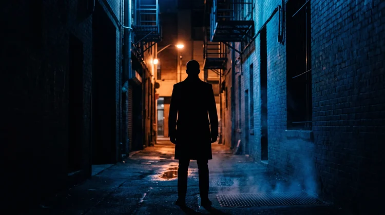 A conceptual silhouette of a man in a trench coat in a dark city setting.