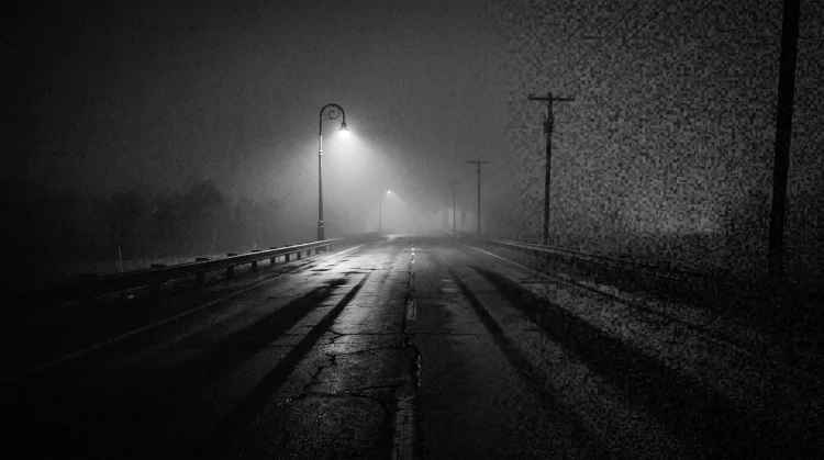 A high-contrast film noir inspired highway at night with long shadows.