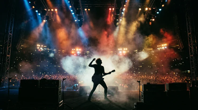 A silhouette of a musician performing on stage with bright spotlights in a large stadium.