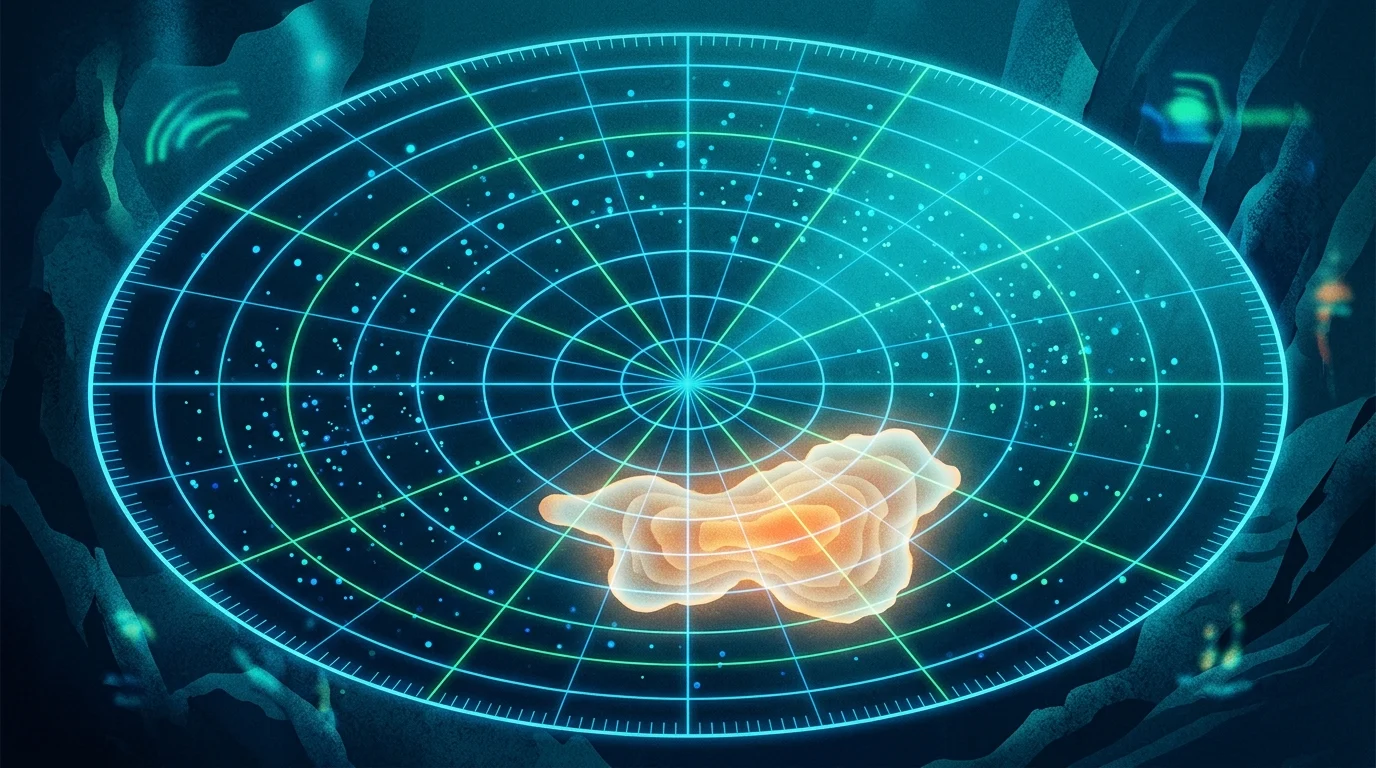 Abstract sonar visualization of a giant deep-sea object.