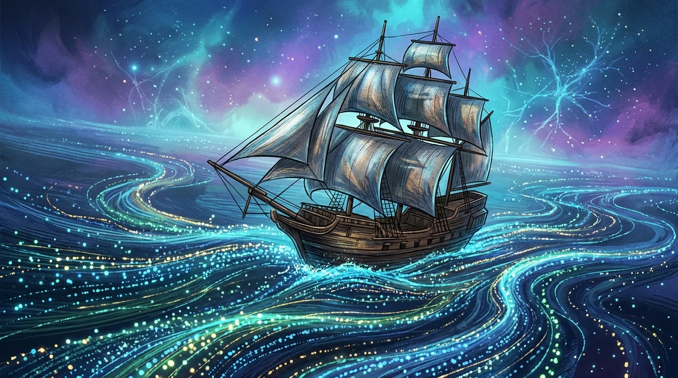 Abstract visualization of a ship sailing through a digital blue ocean.