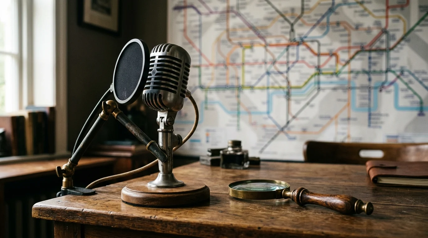 A podcast microphone and magnifying glass near a map of London.