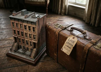 Conceptual image of an NYC apartment model and a suitcase with a London tag.