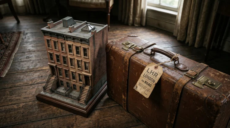 Conceptual image of an NYC apartment model and a suitcase with a London tag.
