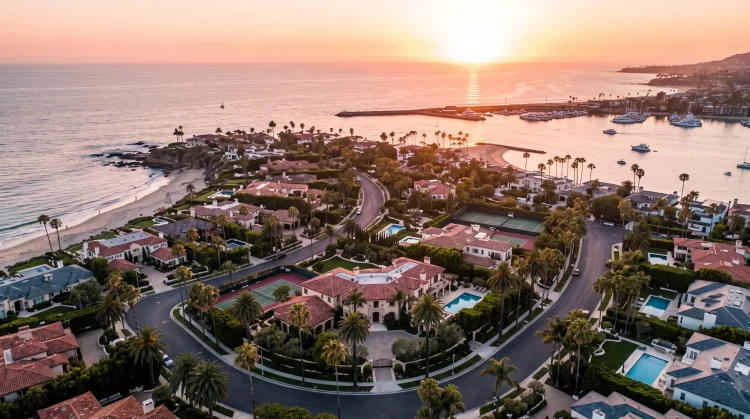 Aerial view of luxury mansions in Orange County at sunset.