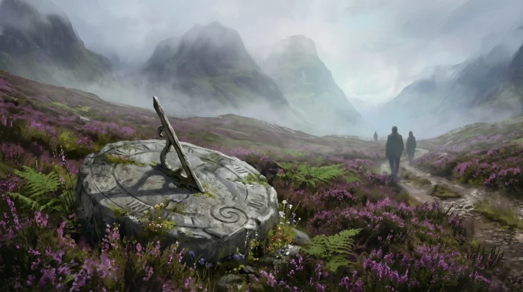 A conceptual image of a sundial in a Scottish field representing the passage of time.