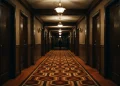 A long, symmetrical hotel hallway with patterned carpet and atmospheric lighting.