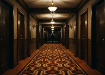 A long, symmetrical hotel hallway with patterned carpet and atmospheric lighting.