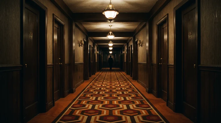 A long, symmetrical hotel hallway with patterned carpet and atmospheric lighting.