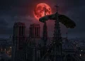 A conceptual military parachute caught on a dark church tower.