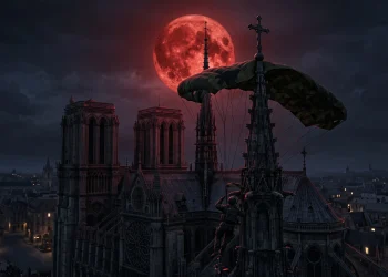 A conceptual military parachute caught on a dark church tower.