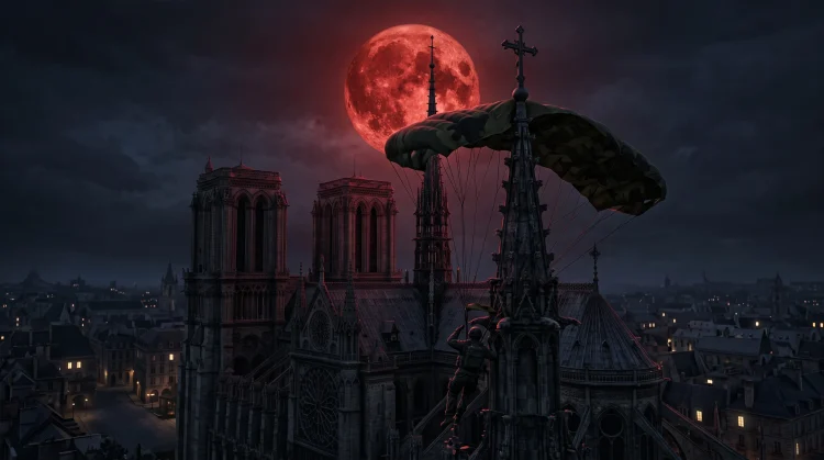 A conceptual military parachute caught on a dark church tower.