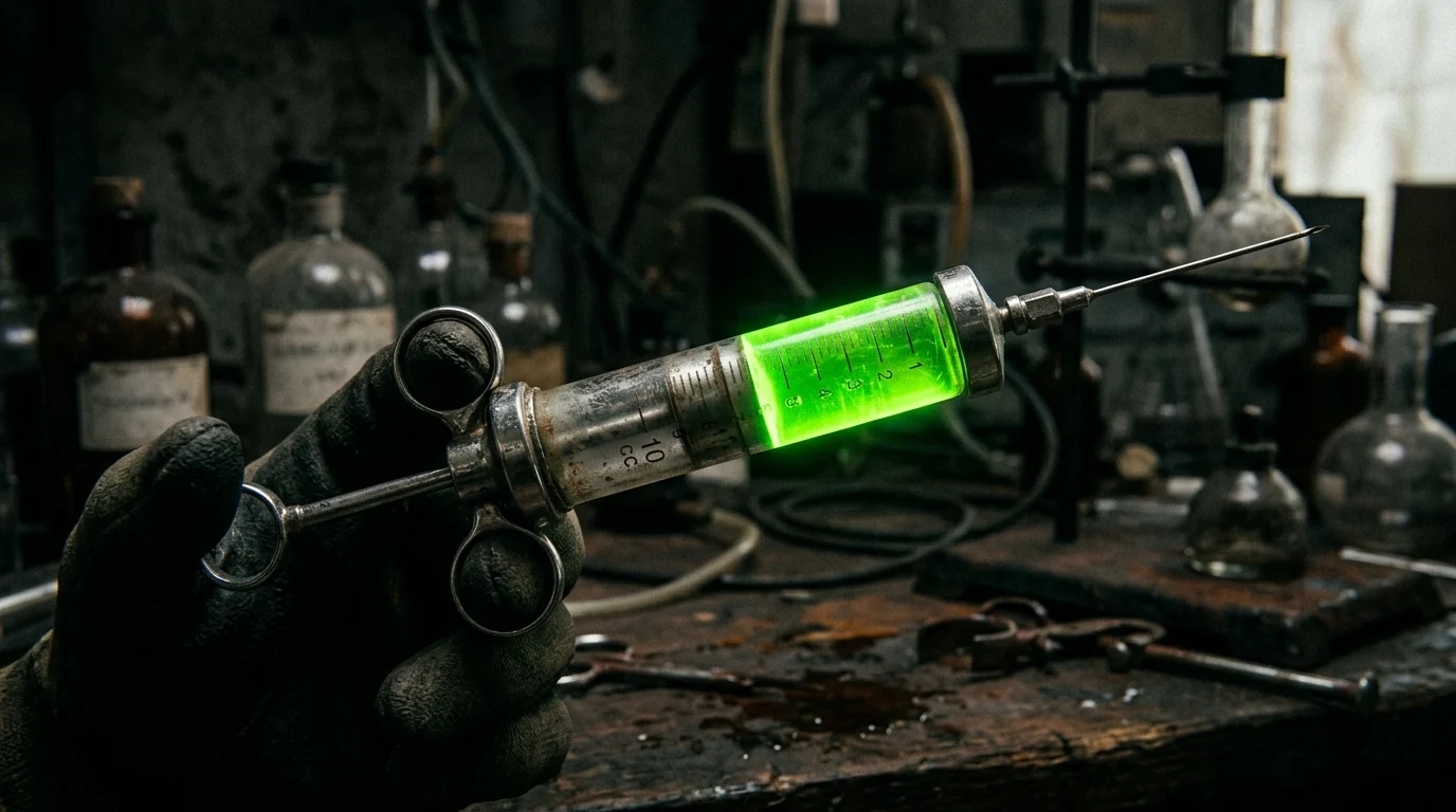 Conceptual image of a vintage syringe with green liquid in a dark lab.