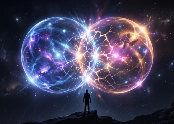 Conceptual art showing two colliding parallel universes.