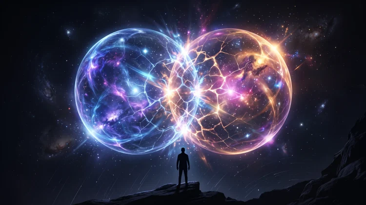 Conceptual art showing two colliding parallel universes.