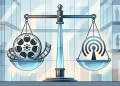 Conceptual art of legal scales balancing film and news icons