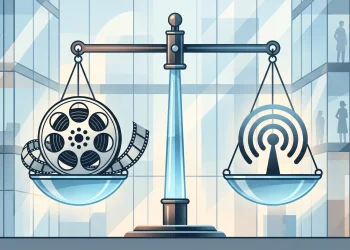 Conceptual art of legal scales balancing film and news icons